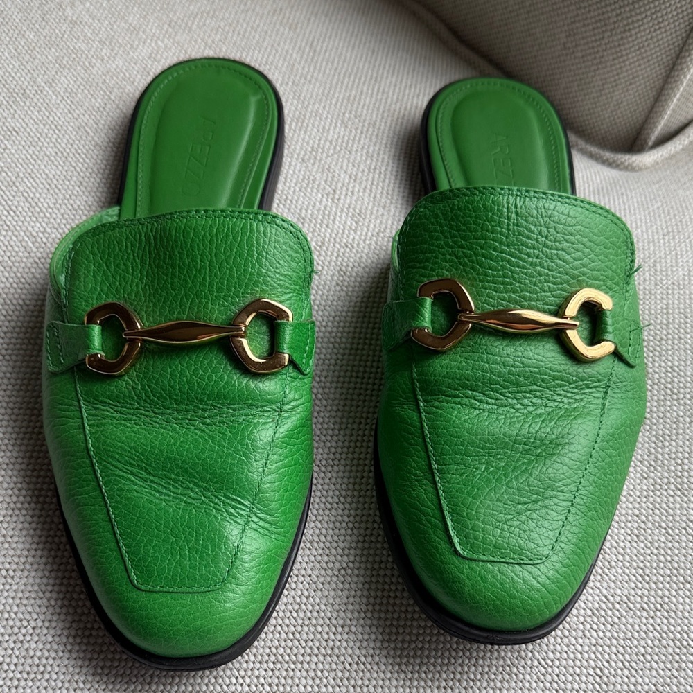 Green Leather Slip-On Mules with Gold Horsebit Detail